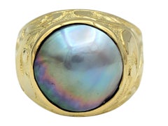 Large Mabe Pearl Solitaire Cocktail Ring with Swirl Motif 18 Karat Yellow Gold