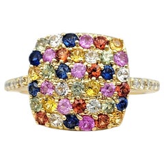 Multi Colored Sapphire & Diamond Clustered Square Ring 14 Karat Yellow Gold