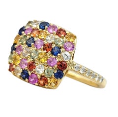 Multi Colored Sapphire & Diamond Clustered Square Ring 14 Karat Yellow Gold