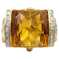 Rectangular Checkerboard Cut Yellow Beryl & Diamond Ring in 14 Karat Yellow Gold