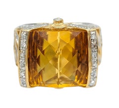 Rectangular Checkerboard Cut Yellow Beryl & Diamond Ring in 14 Karat Yellow Gold