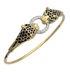 Panther Door Knocker Diamond Bangle Bracelet with Enamel in 14 Karat Yellow Gold