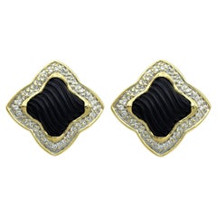 David Yurman Quatrefoil Carved Onyx and Diamond Earrings 18 Karat Yellow Gold