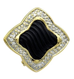 David Yurman Quatrefoil Carved Onyx and Diamond Earrings 18 Karat Yellow Gold