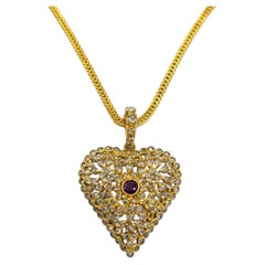 Cutout Heart Pendant Necklace with Ruby and Rose Cut Diamonds in 22 Karat Gold