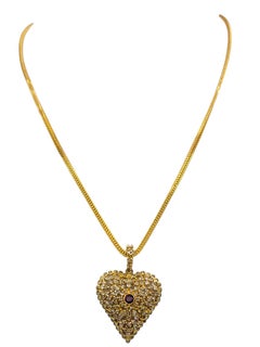 Cutout Heart Pendant Necklace with Ruby and Rose Cut Diamonds in 22 Karat Gold