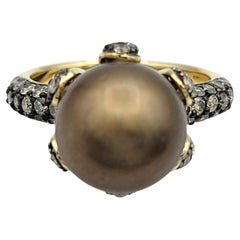 Anello Le Vian con perla coltivata marrone e diamanti color champagne in oro giallo 14 carati