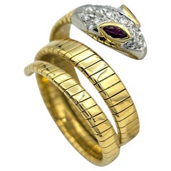 Flexible Coiled Snake Ring with Pavé Diamonds & Ruby Eyes 18 Karat Yellow Gold