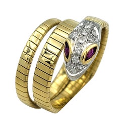 Flexible Coiled Snake Ring with Pavé Diamonds & Ruby Eyes 18 Karat Yellow Gold
