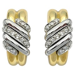 Multi Row Round Diamond J-Hoop Earrings in Two Tone 18 Karat Gold