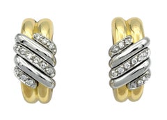 Multi Row Round Diamond J-Hoop Earrings in Two Tone 18 Karat Gold