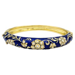 Diamond Flower Motif Bangle Bracelet with Blue Enamel in 18 Karat Yellow Gold