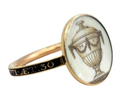 Antique Georgian Mourning Ring with Urn Motif in Enamel & 18 Karat Yellow Gold