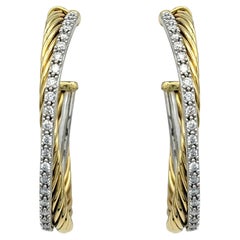 David Yurman Crossover Cable Hoop Earrings with Diamonds Two-Tone 18 Karat Gold