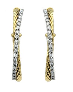 David Yurman Crossover Cable Hoop Earrings with Diamonds Two-Tone 18 Karat Gold
