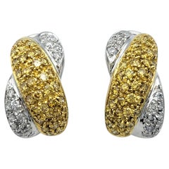 Pavé Fancy Yellow and White Diamond J-Hoop Earrings in Two-Tone 18 Karat Gold