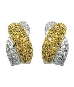 Pavé Fancy Yellow and White Diamond J-Hoop Earrings in Two-Tone 18 Karat Gold