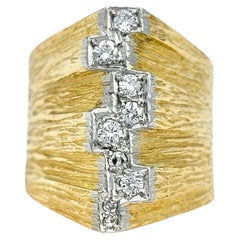 Wide Pointed Dome Textured Band Ring with Diamonds in 18 Karat Yellow Gold
