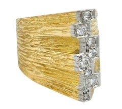 Wide Pointed Dome Textured Band Ring with Diamonds in 18 Karat Yellow Gold