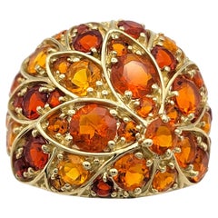 Red and Orange Fire Opal Flower Motif Wide Band Ring in 14 Karat Yellow Gold