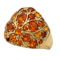 Red and Orange Fire Opal Flower Motif Wide Band Ring in 14 Karat Yellow Gold