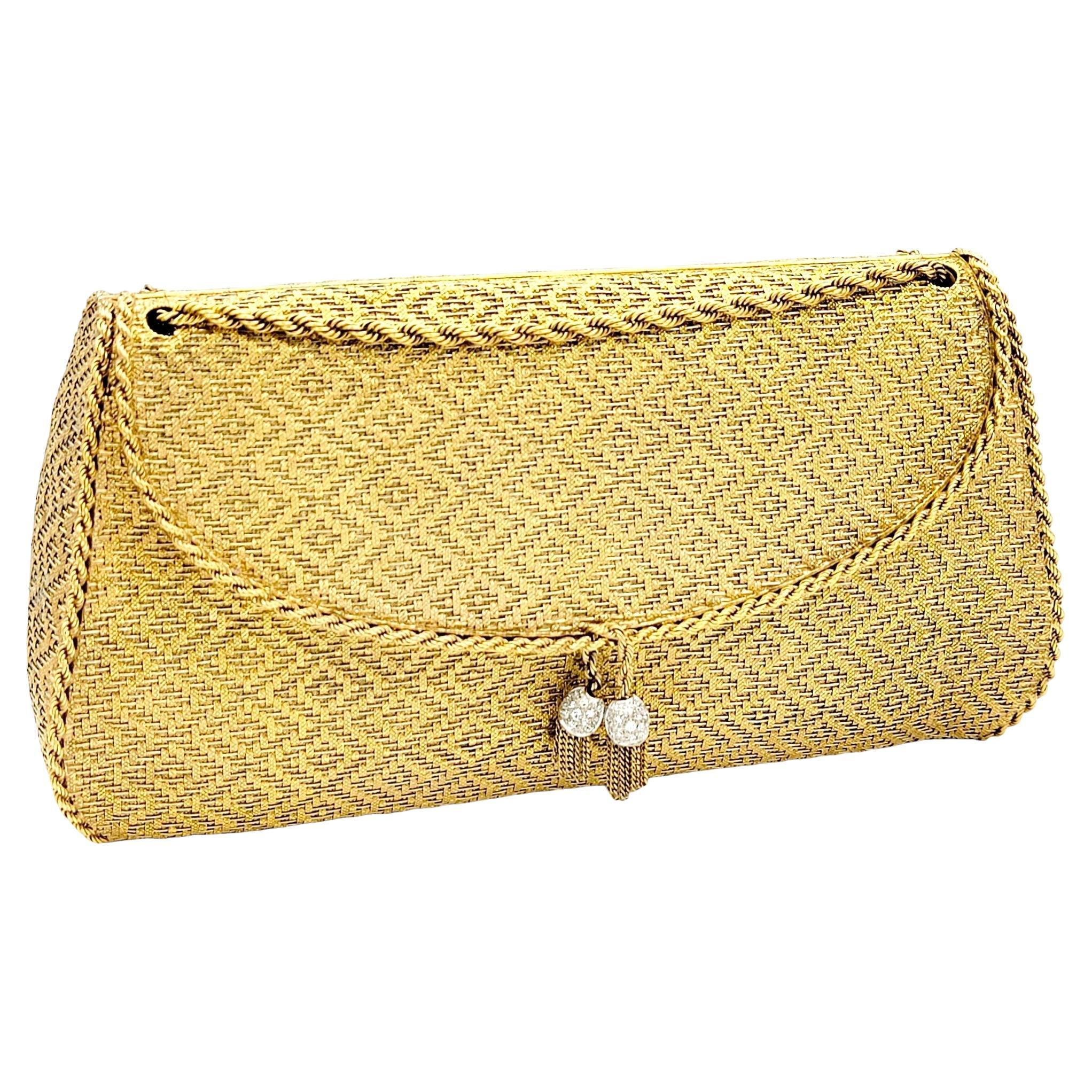 Vintage Evening Purse 18 Karat Yellow Gold Woven Solid Bag Diamond Pave Tassles