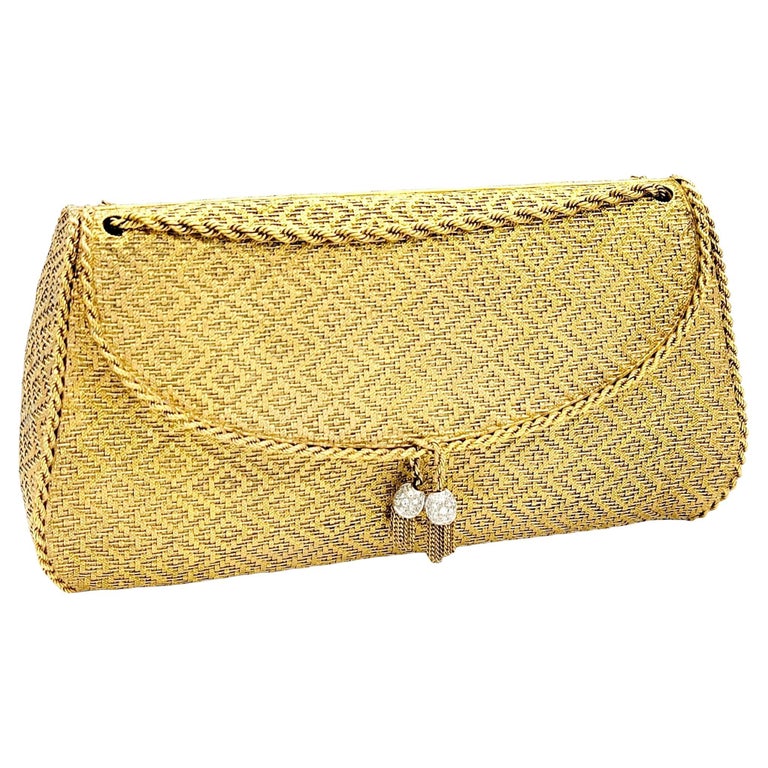 Vintage Evening Purse 18 Karat Yellow Gold Woven Solid Bag Diamond Pave  Tassles For Sale at 1stDibs | antique gold purse, yellow gold handbag,  yellow gold purse