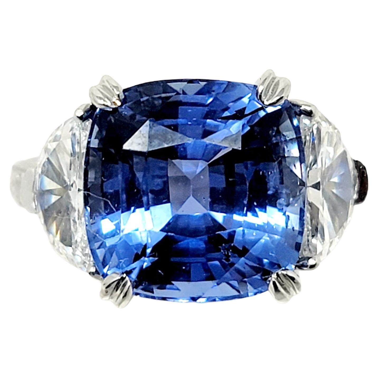 8.85 Carat Cushion Cut Ceylon Blue Sapphire and Half Moon Diamonds 3 Stone Ring