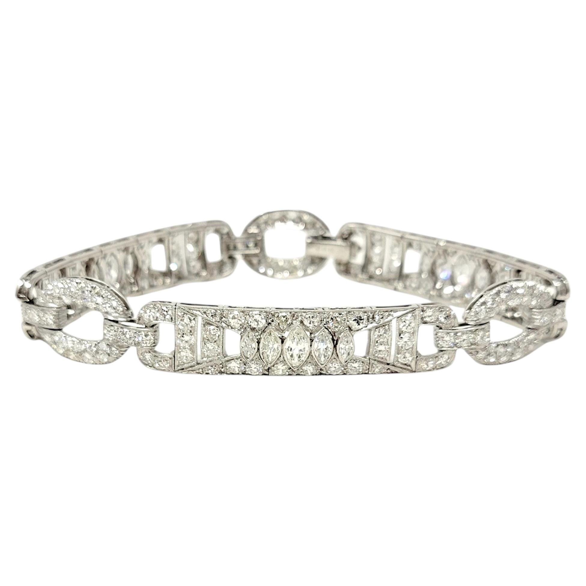 7.43 Carats Total Round & Marquis Natural Diamond Ornate Link Bracelet Platinum
