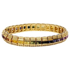Multi-Colored Sapphire Rainbow Link Bracelet with Diamonds 18 Karat Yellow Gold