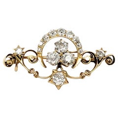 Vintage Old European Cut Diamond Crescent Moon and Star Brooch in 14 Karat Gold