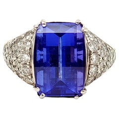 7.50 Carat Rectangular Step Cut Tanzanite Cocktail Ring with Pavé Diamonds