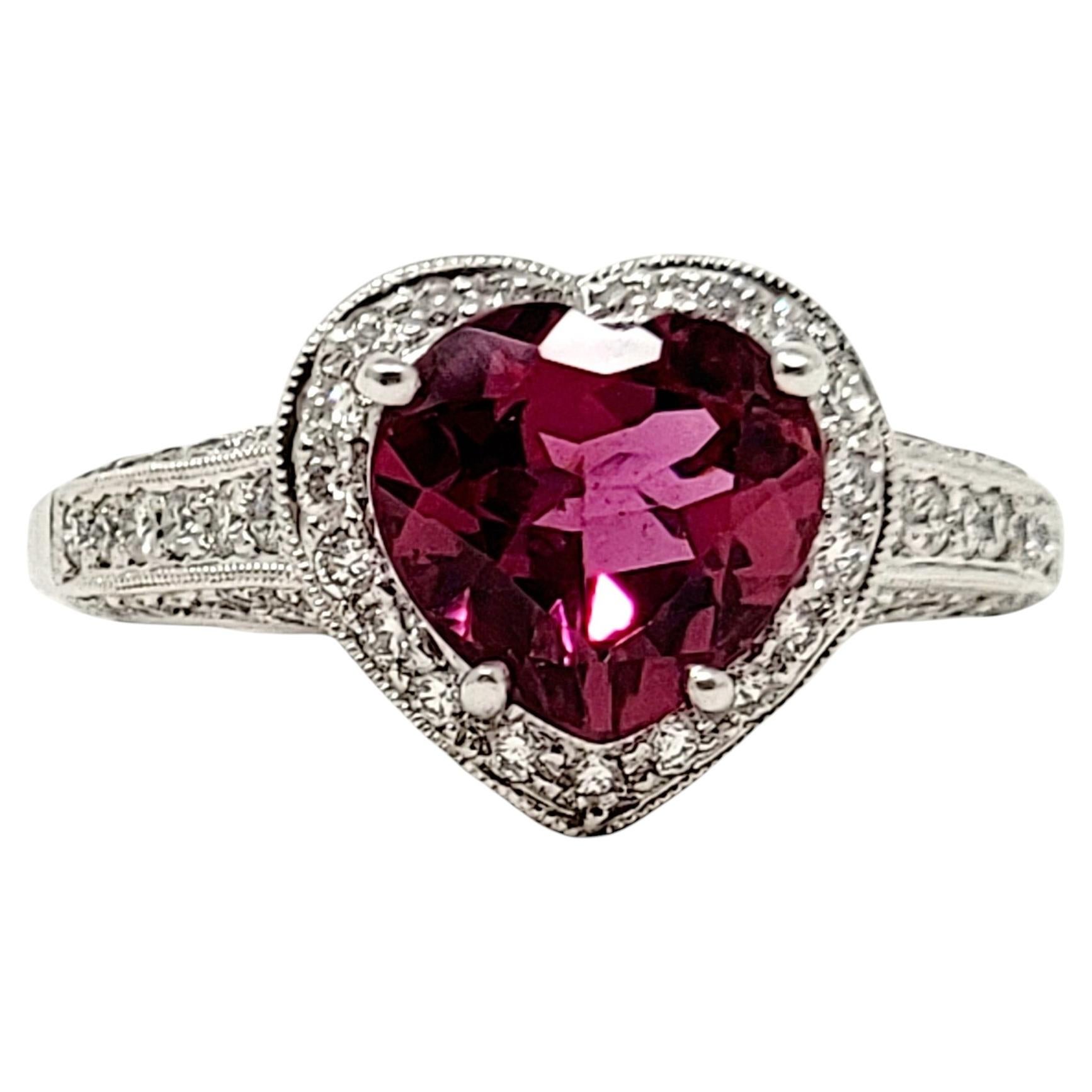 Heart Cut Pink Tourmaline and Diamond Halo Band Ring in 18 Karat White Gold