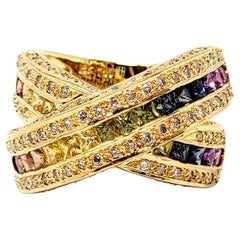 Diamond and Multi-Colored Rainbow Sapphire Criss-Cross Band Ring 18K Yellow Gold