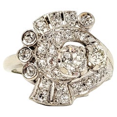 Antique Old Mine Cut Diamond Swirled Cluster Ring in 14 Karat White Gold
