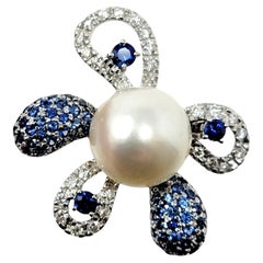 Whimsical Cultured Pearl, Diamond & Blue Sapphire Flower Ring in 18K Gold