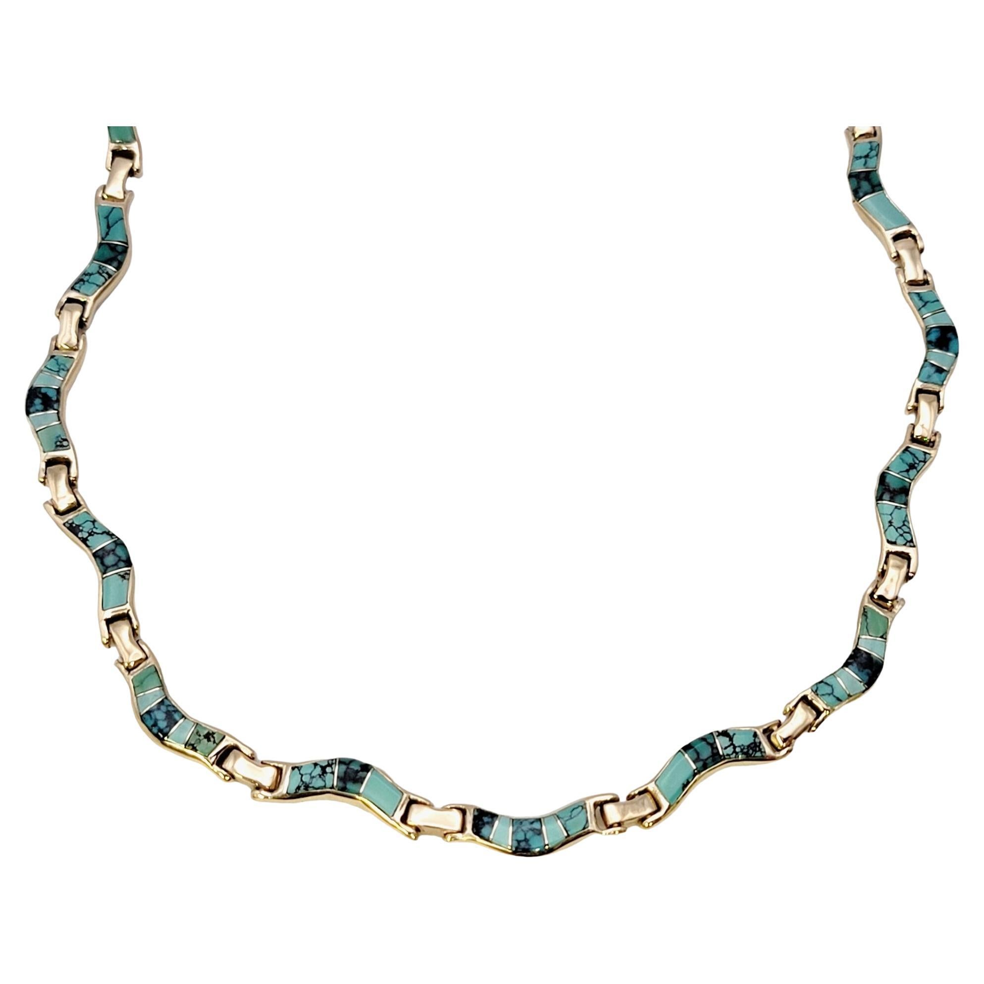 Natural Turquoise Mosaic Inlay Wavy Choker Necklace in 14 Karat Yellow Gold For Sale