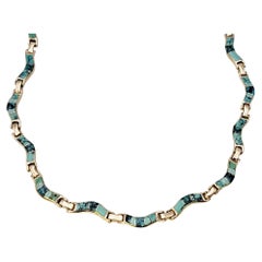 Natural Turquoise Mosaic Inlay Wavy Choker Necklace in 14 Karat Yellow Gold
