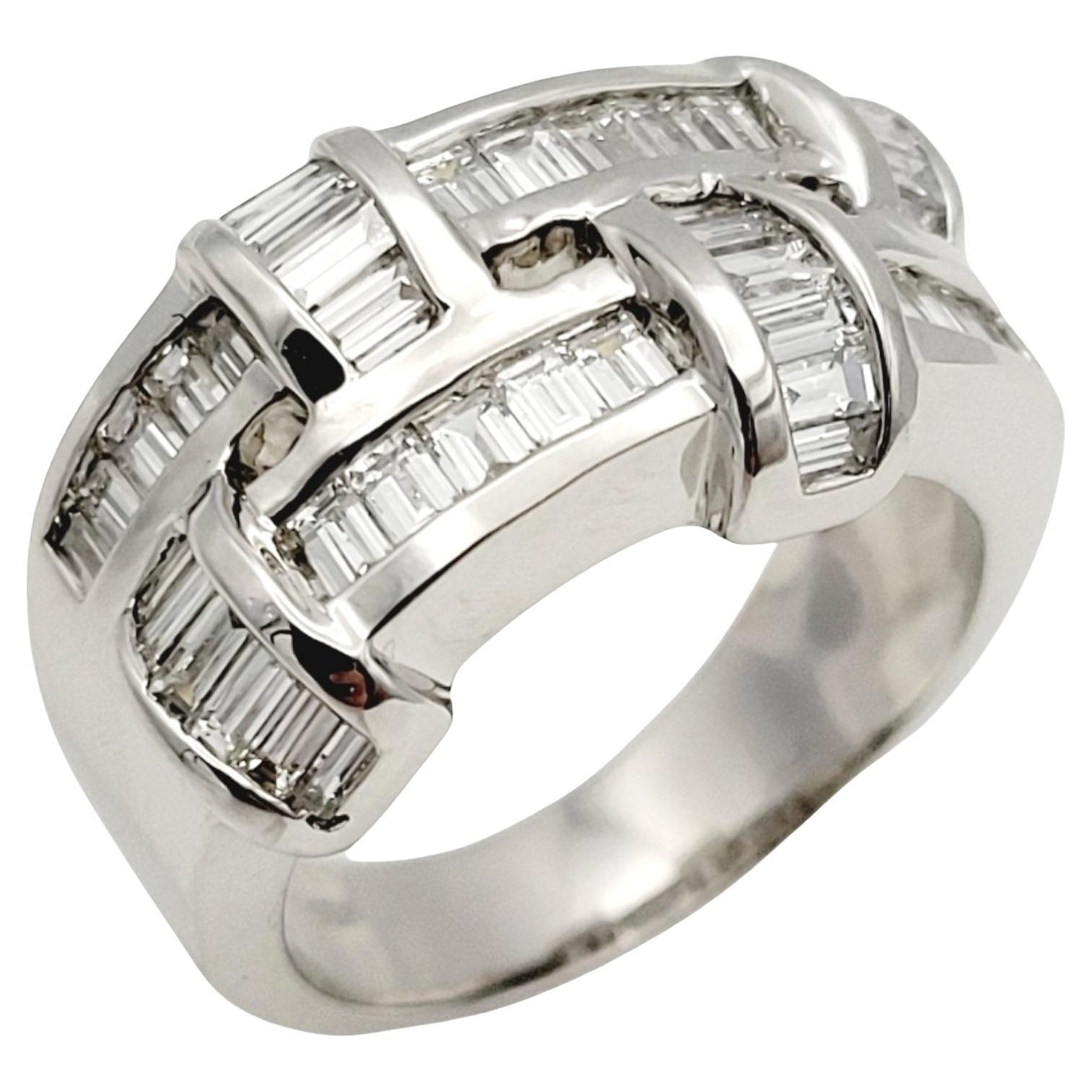 Baguette Diamond Woven Multi Row Four Station Band Ring in 18 Karat White Gold