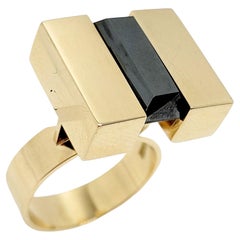 Vintage Povl Henrik Storm Rectangular Faceted Hematite Tablet Ring in 14K Gold