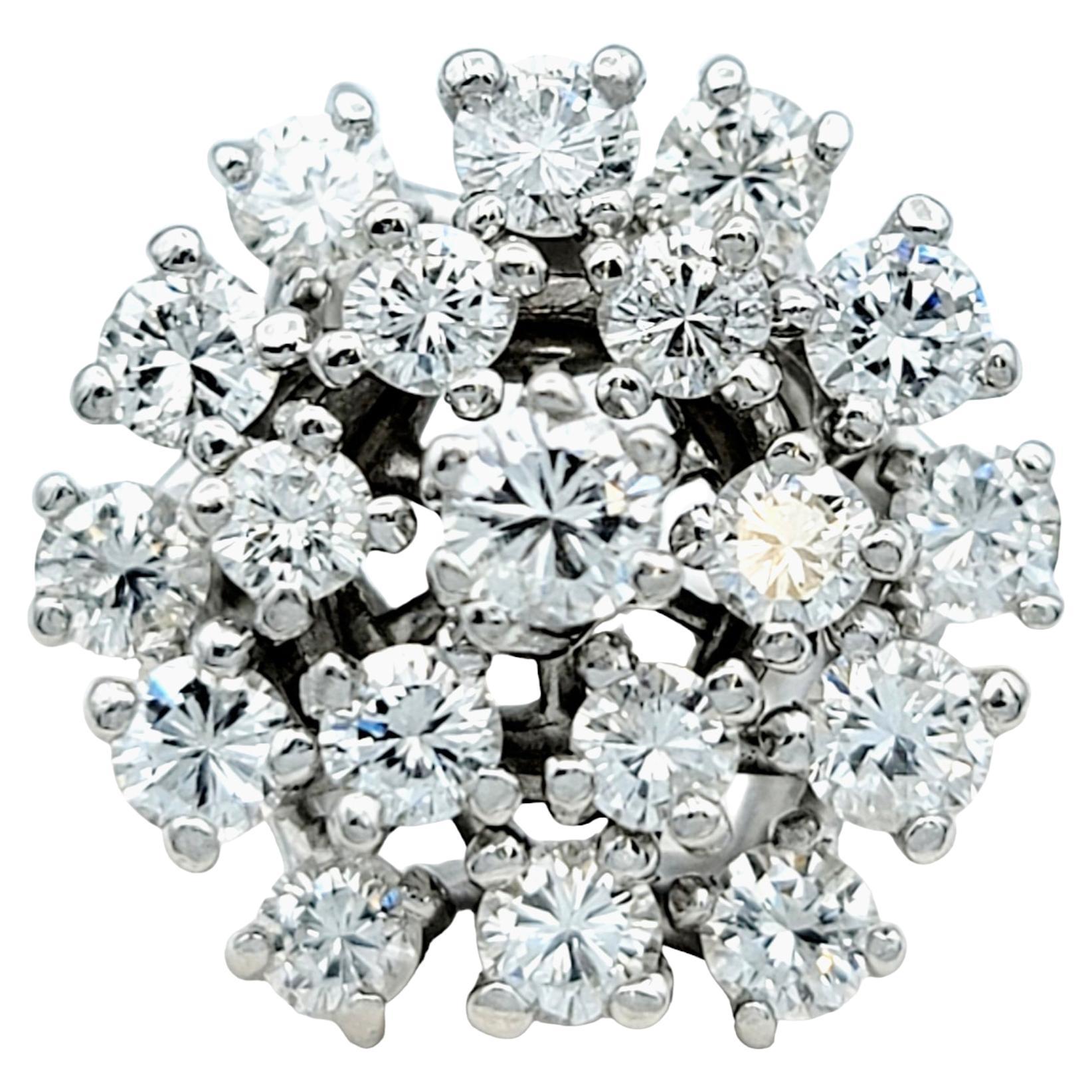 Round Brilliant Diamond Stacked Cluster Dome Ring in 14 Karat White Gold For Sale