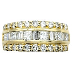 Three Row Round, Princess and Baguette Diamond Semi-Eternity Band Ring 14K Gold