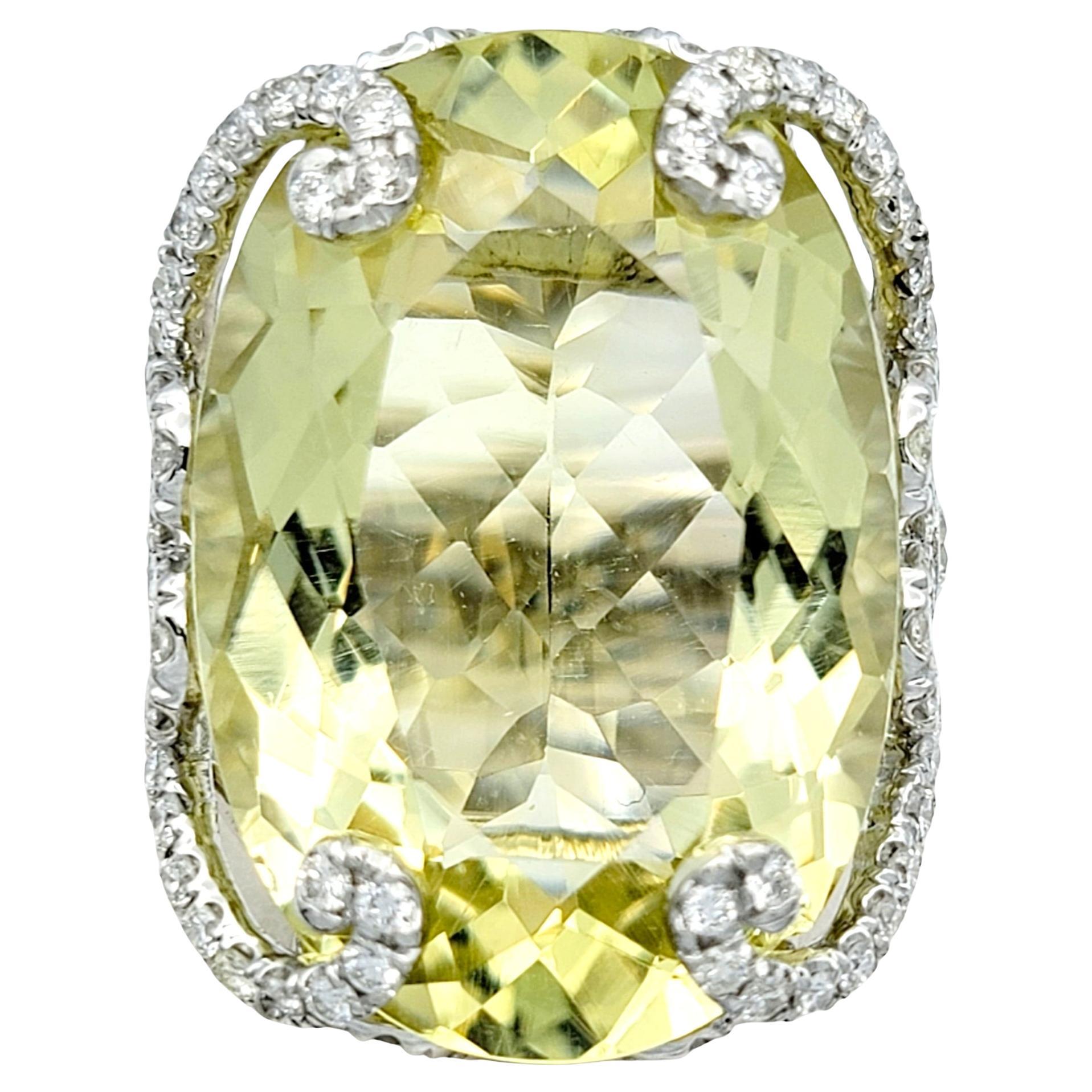Massive 31.0 Carat Oval Cut Prasiolite Cocktail Ring with Diamonds in White Gold For Sale