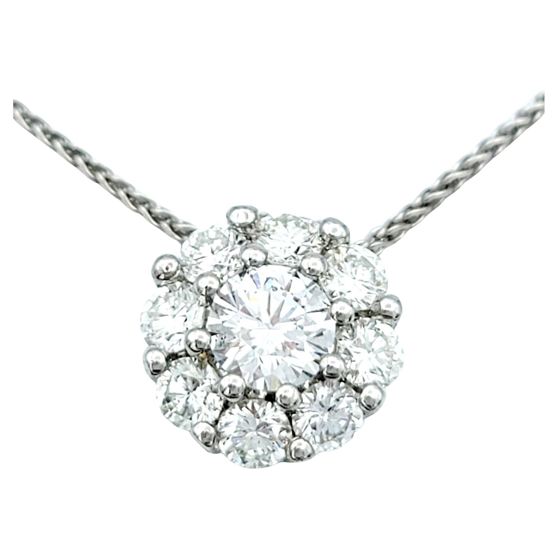  Round Diamond Halo Pendant Necklace with Wheat Chain in 18 Karat White Gold For Sale