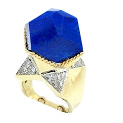 Blue Polygon Lapis Lazuli and Diamond High Profile Cocktail Ring in 18K Gold