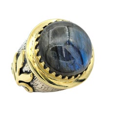 5.84 Carat Cabochon Blue Labradorite Cocktail Ring in 14K Yellow Gold and Silver