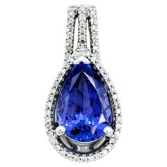 Pear Cut Blue Tanzanite Slider Pendant with Diamond Halo 14 Karat White Gold