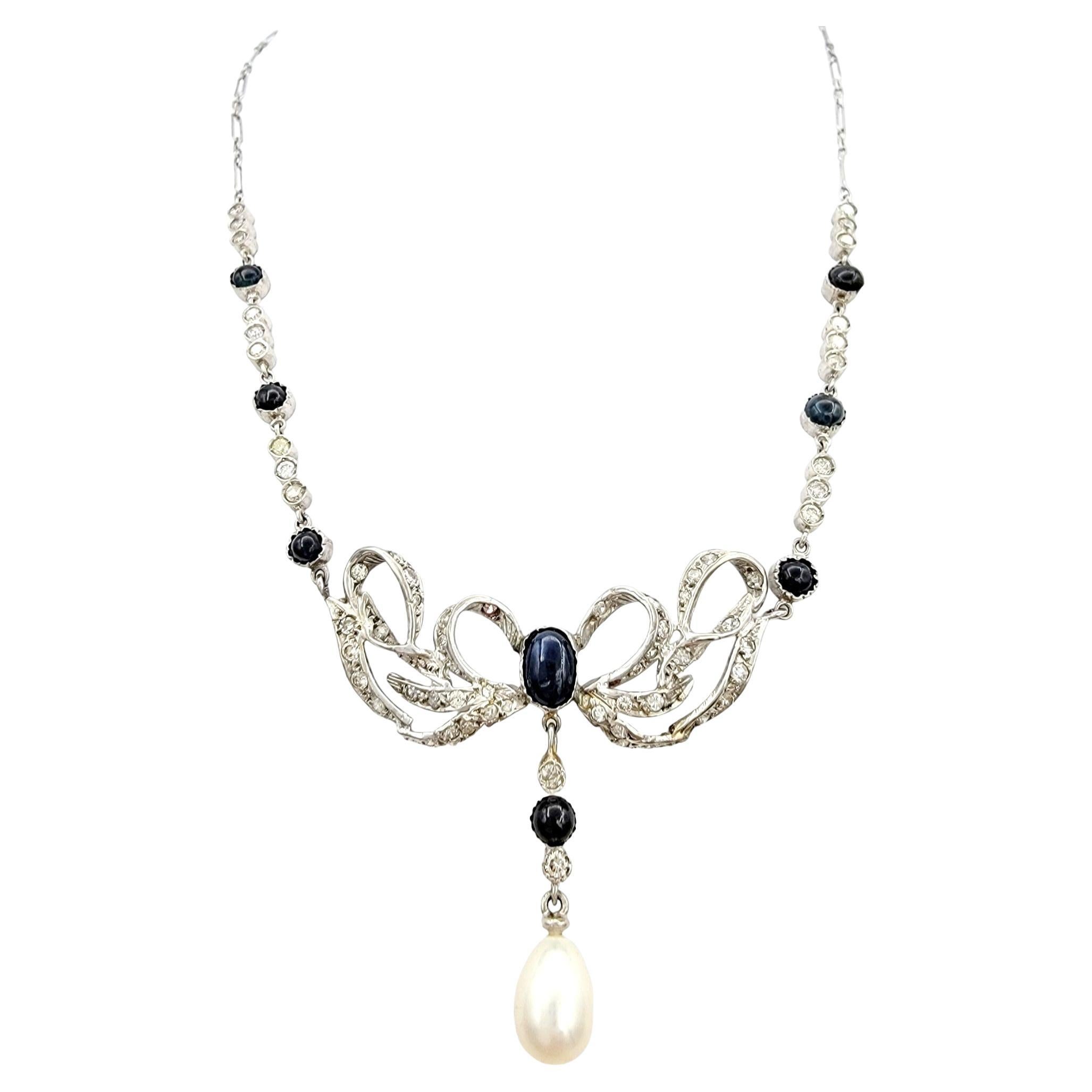 Vintage-Halskette aus Platin mit Diamanten, Saphiren und Zuchtperlen in Tropfenform