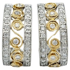 Diamond Scroll Motif Cutout Milgrain J-Hoop Earrings in Two Tone 14 Karat Gold