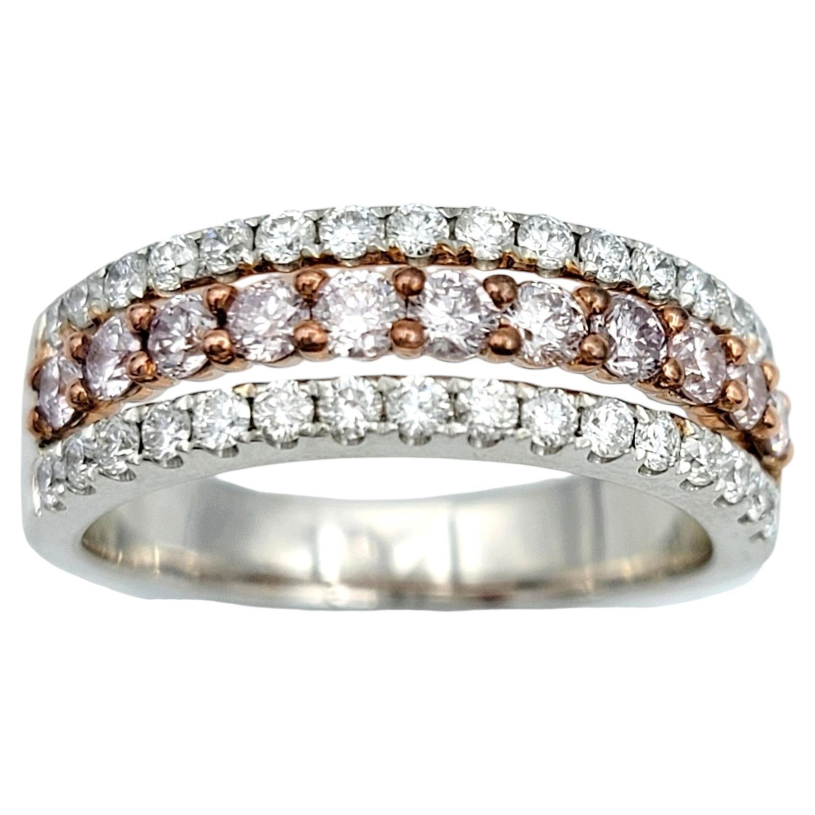 Pink and White Pavé Diamond Triple Row Semi-Eternity Band Ring in 18 Karat Gold For Sale